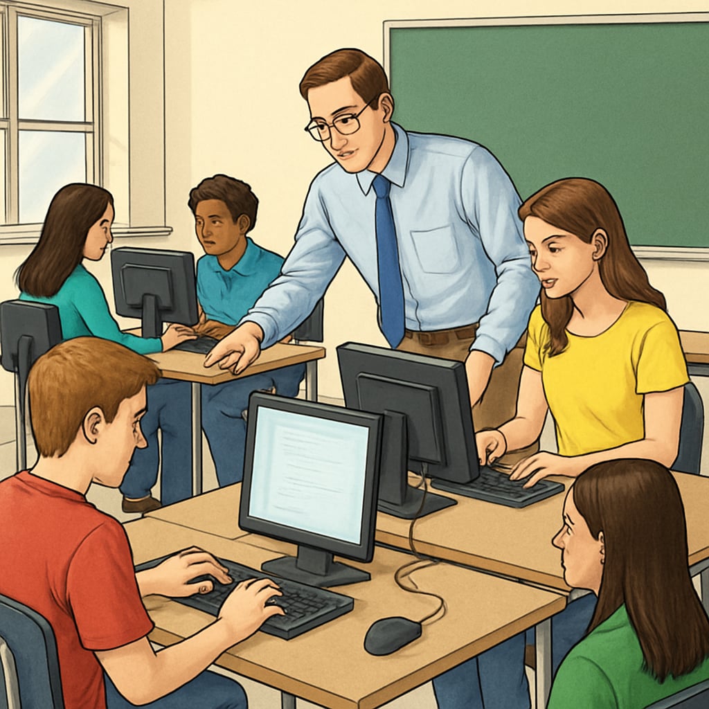 A classroom of high school students using computers, with a teacher guiding them on IT-related tasks. High school students learning IT skills in a classroom setting.