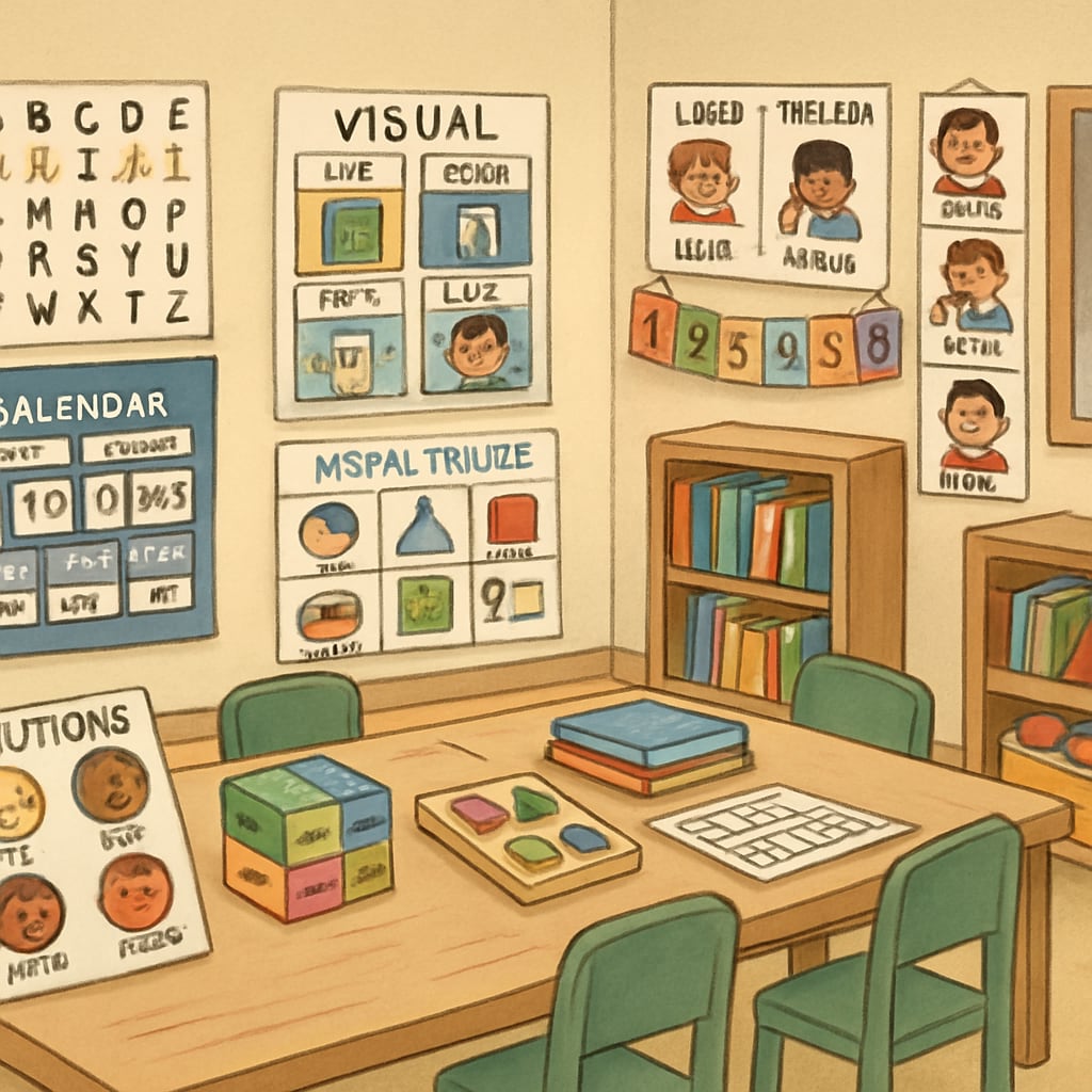 A classroom with specialized learning tools designed for children with special education needs. A classroom equipped with resources for children with special education needs.