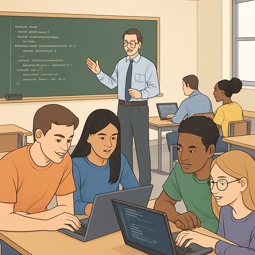 A college classroom with students learning programming on laptops, showing collaboration in an educational tech setting. Students learning programming in a college classroom, related to IT career choices.