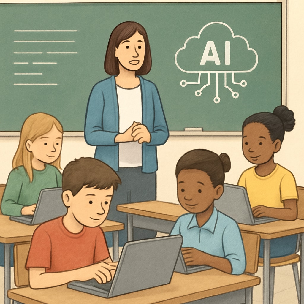 A classroom setting showcasing students using laptops, symbolizing the integration of AI tools in learning. Students using laptops in a classroom environment with AI tools for learning.