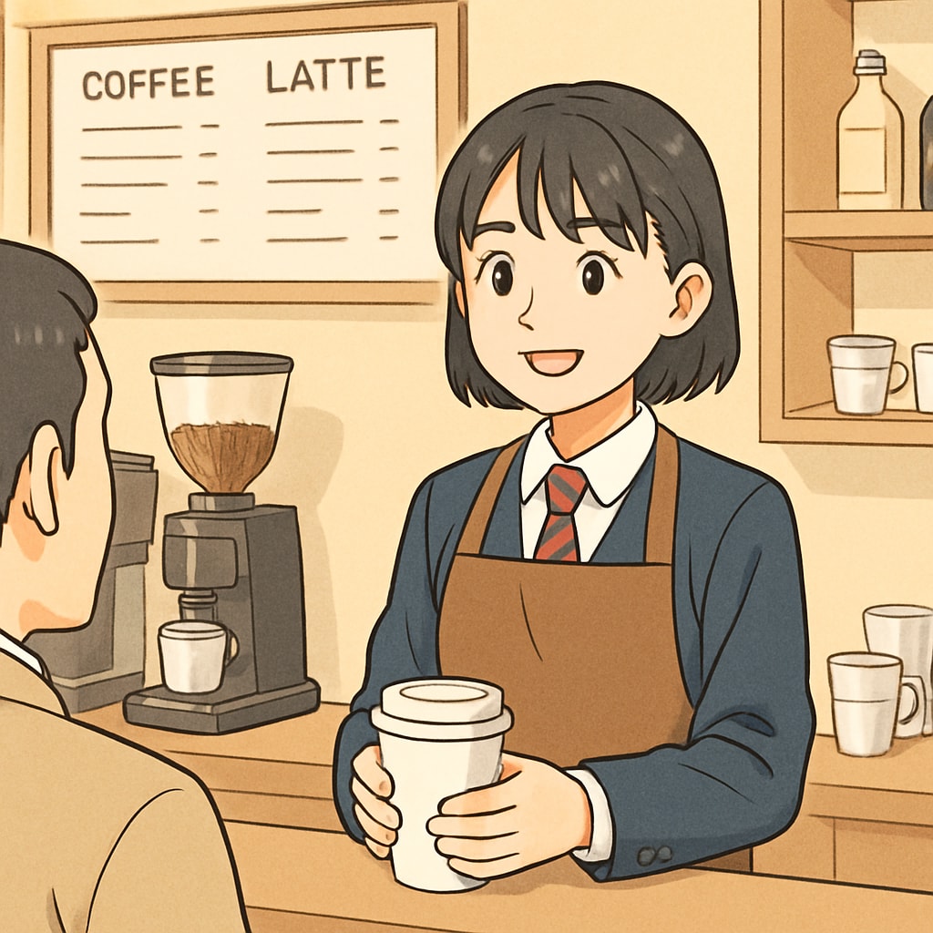 A high school student working part-time in a coffee shop, engaging with a customer. Teenage student balancing a part-time job in a coffee shop with schoolwork.