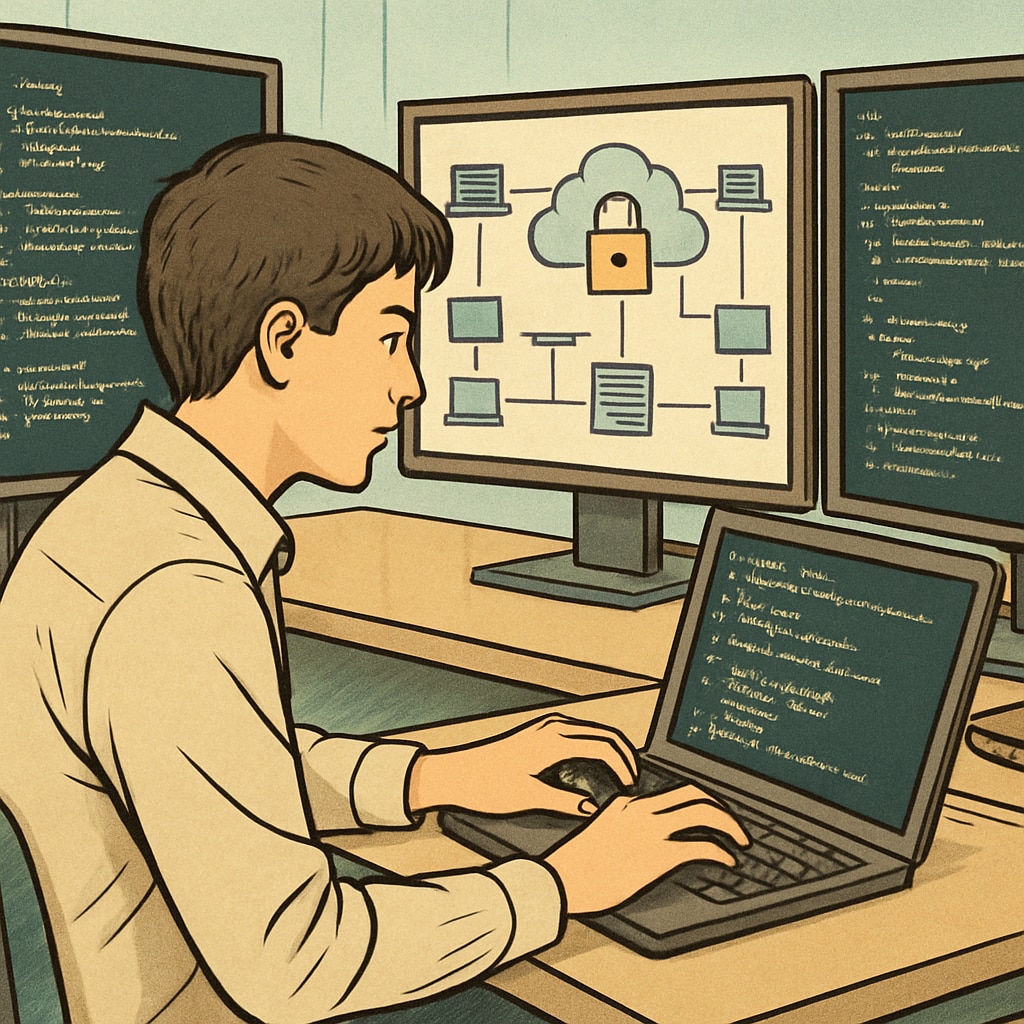 A student working on cybersecurity code in a lab environment, illustrating practical IT skills. Student working on cybersecurity code in a lab, showcasing IT pathways.