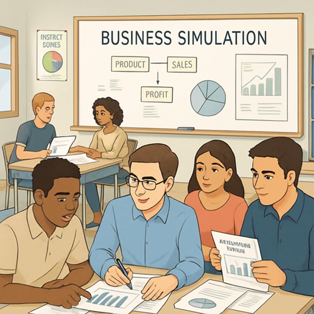 Students engaging in a business simulation project related to financial literacy and business analysis.