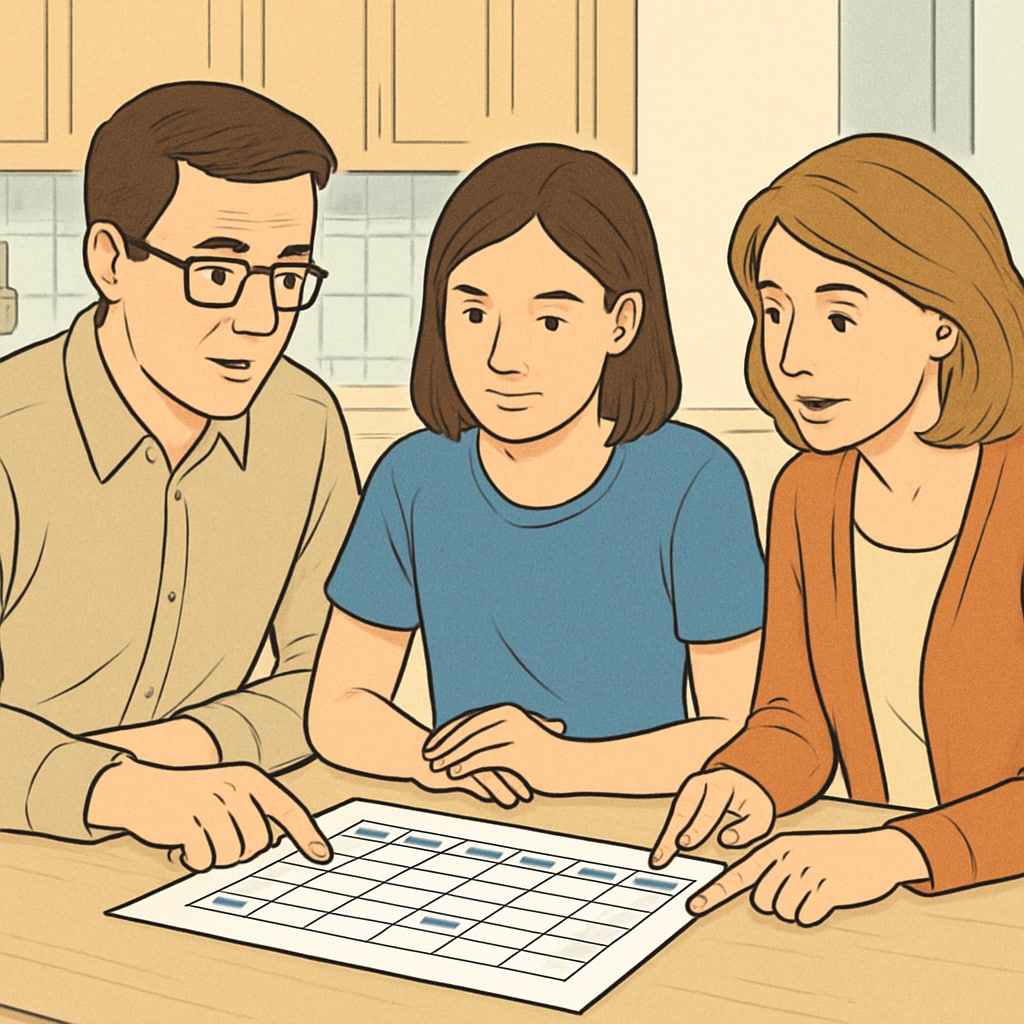 Parents and a teenage child reviewing a schedule together at a kitchen table. Family discussing how to balance a high school student’s work schedule with academics.