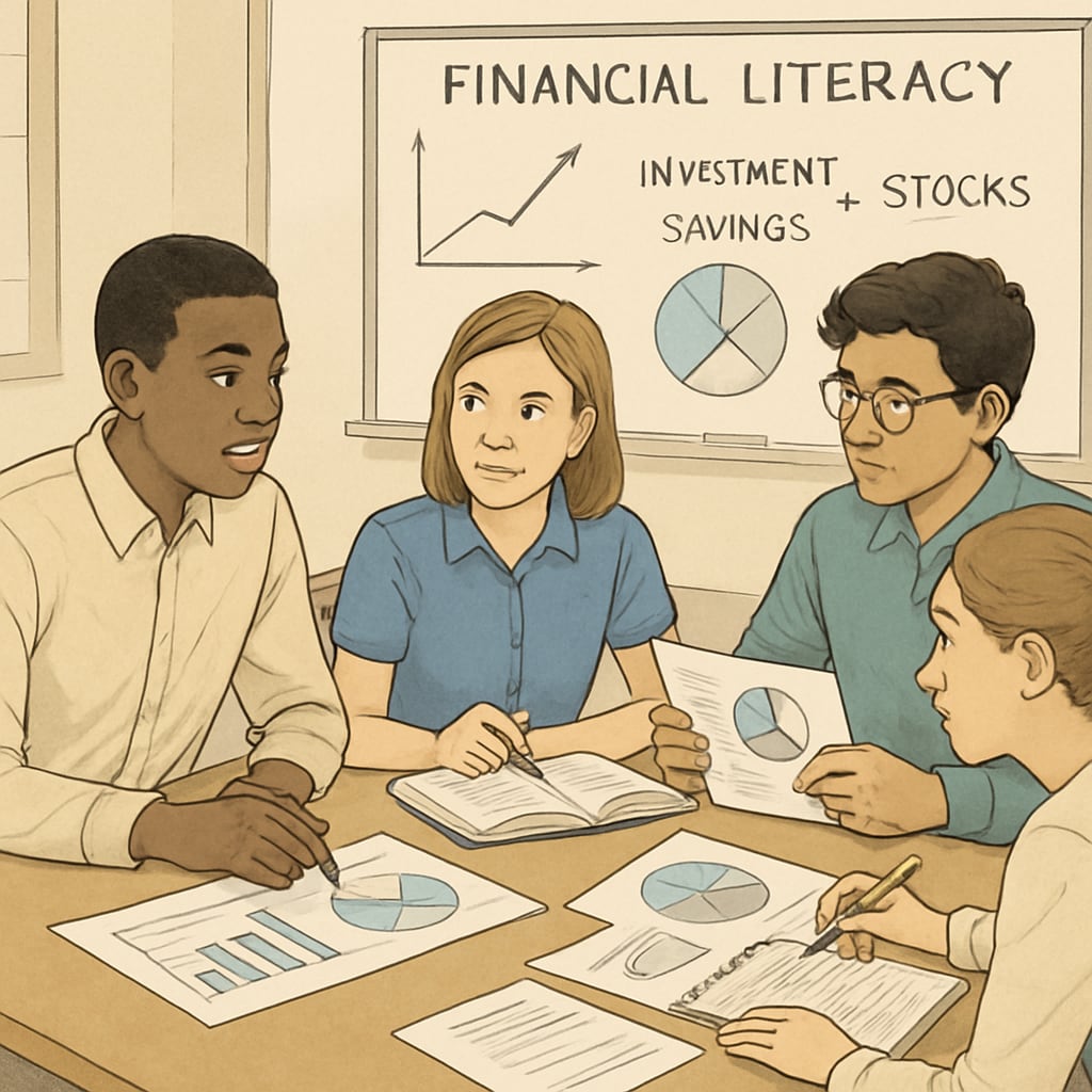 A workshop scene where students create investment portfolios to learn financial literacy.