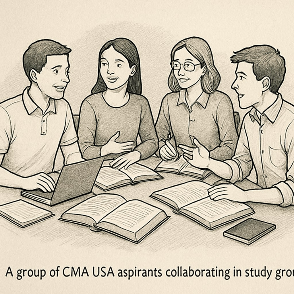 CMA USA Kerala study group collaborating with books and laptops.