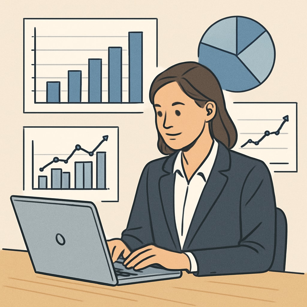 A professional analyzing data on a laptop alongside financial charts, symbolizing the integration of business analytics and finance in K12 education. Business analytics and finance in K12 education - data analysis and financial planning.