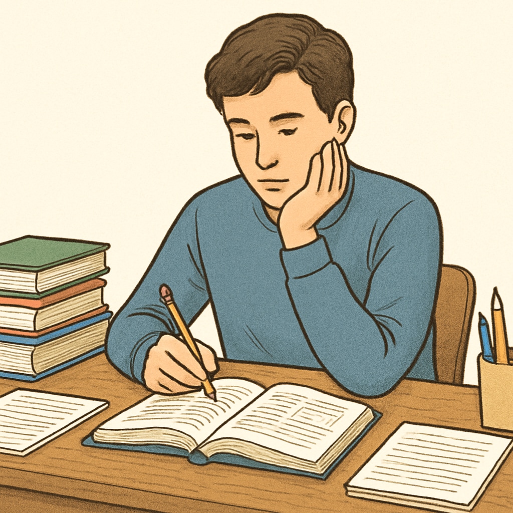A young adult sitting at a desk, looking thoughtful and flipping through educational materials. Student contemplating academic decisions post-high school graduation.