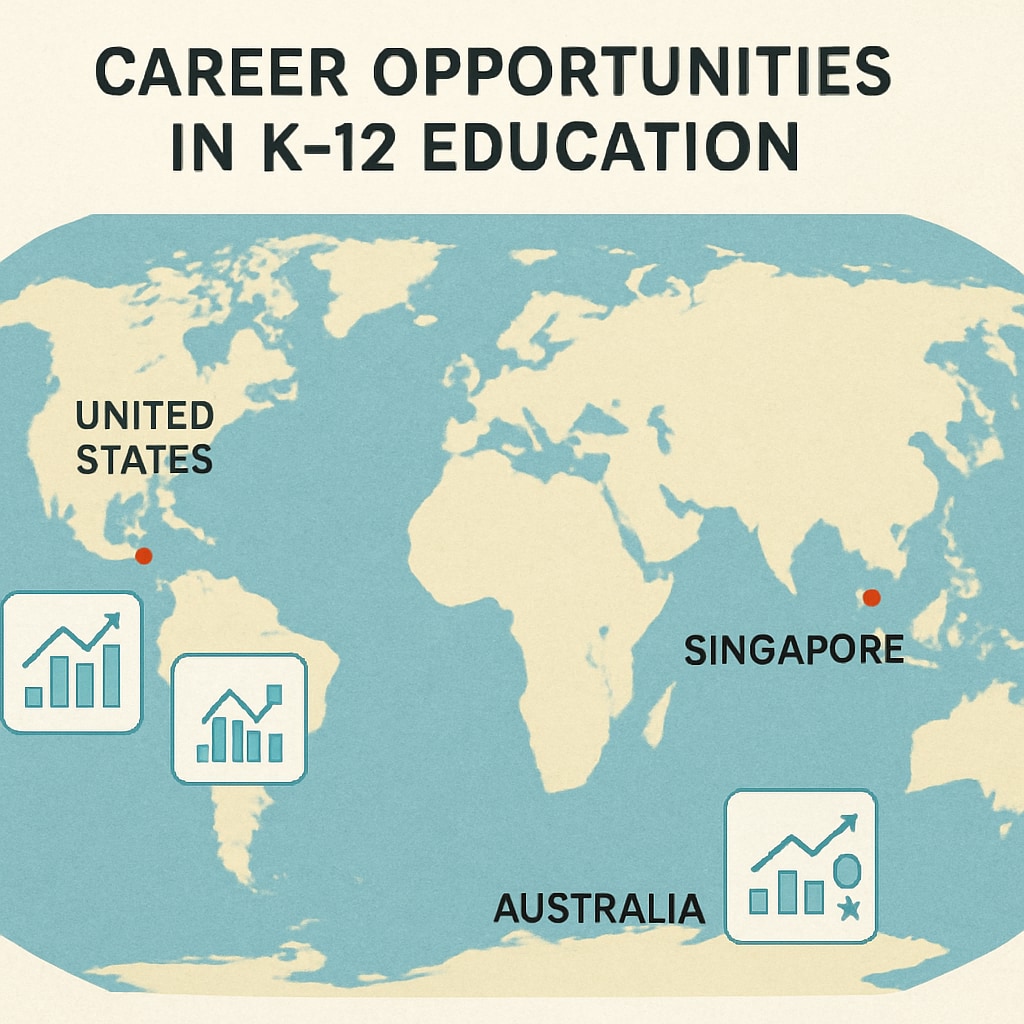 A global map highlighting Singapore, the U.S., and Australia with icons for data analytics and finance, showcasing career opportunities in K12 education. Career opportunities in K12 education across global markets - analytics and finance.