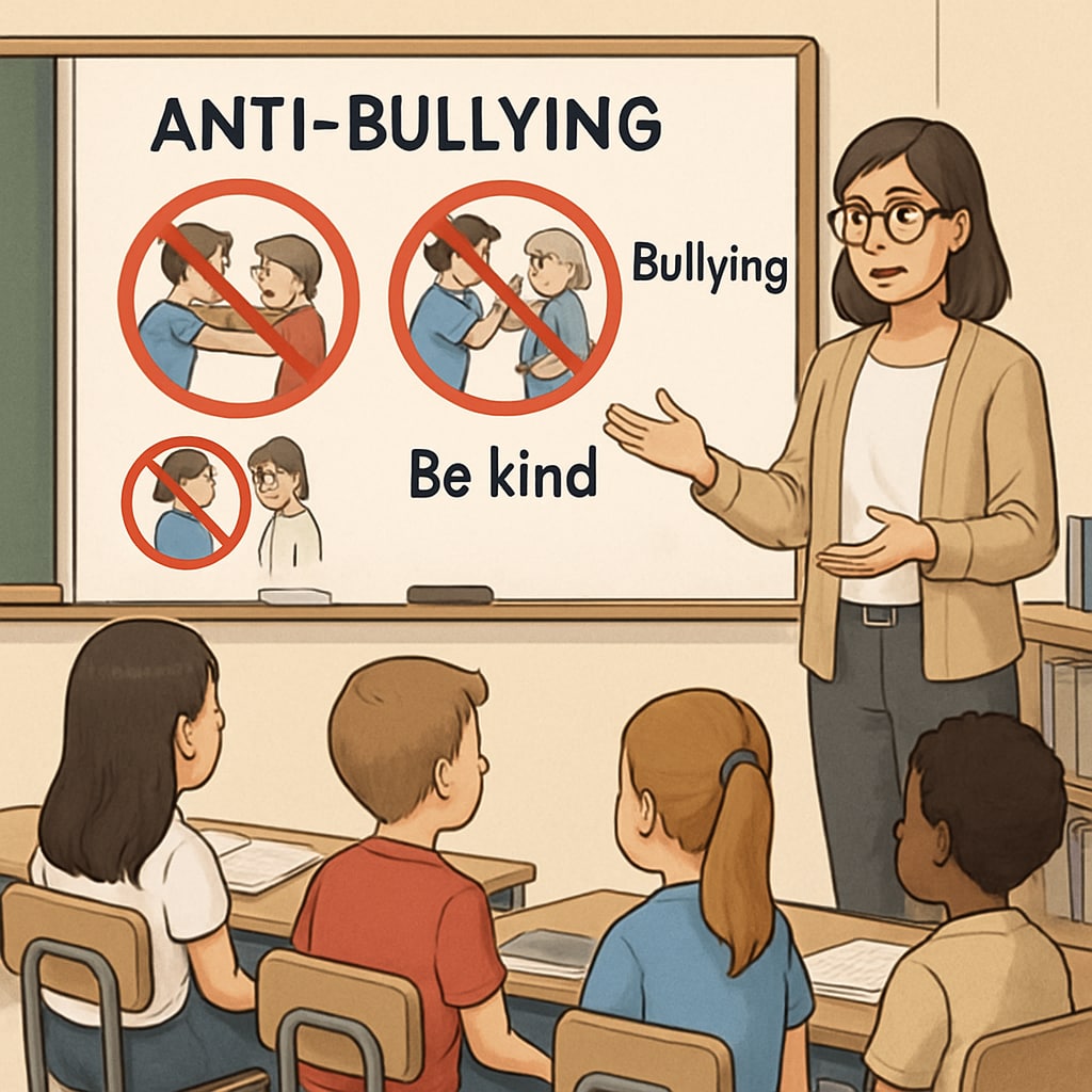 A teacher explaining anti-bullying concepts to a group of students in a classroom setting. Anti-bullying education workshop featuring a teacher and students in a classroom.