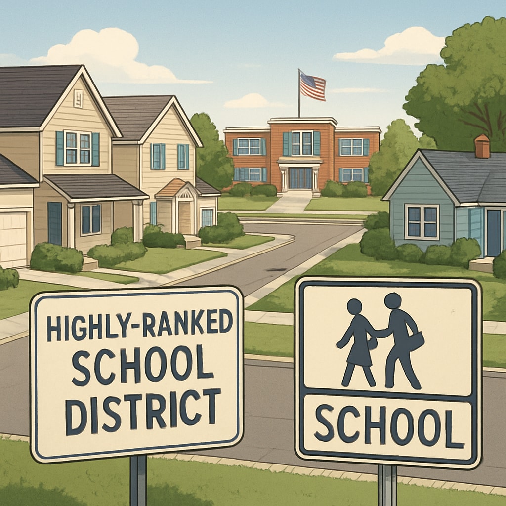 A suburban neighborhood showcasing homes located near a highly-ranked school district with neatly manicured lawns and visible school signs. Suburban homes near high-ranking school district influence property value and education choices.