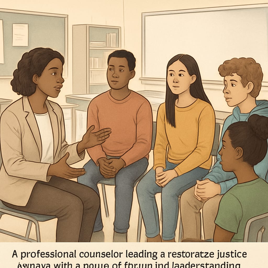 A counselor facilitating a restorative justice session with students involved in a bullying incident. Restorative justice session involving a school counselor and students after a bullying case.