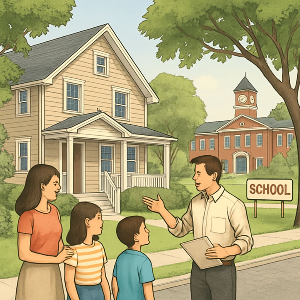 A family touring a home in a picturesque neighborhood known for its high-ranking schools. Family exploring a property in a sought-after school district.