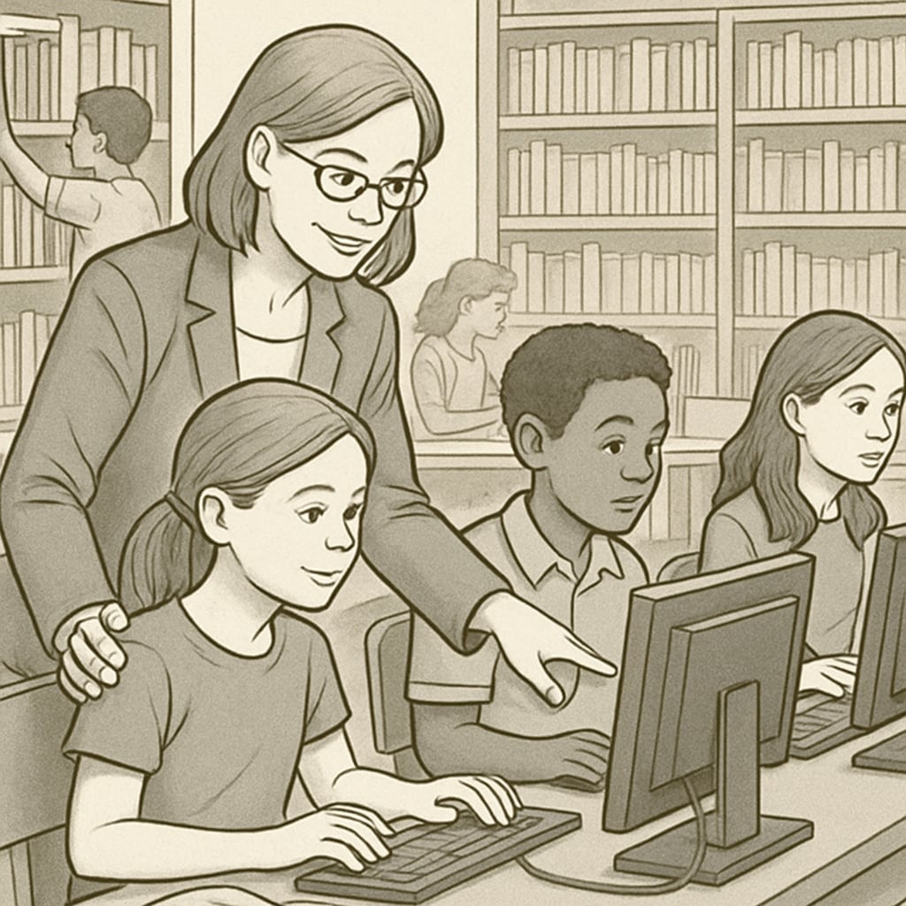 Teacher helping students navigate online research within age verification restrictions.