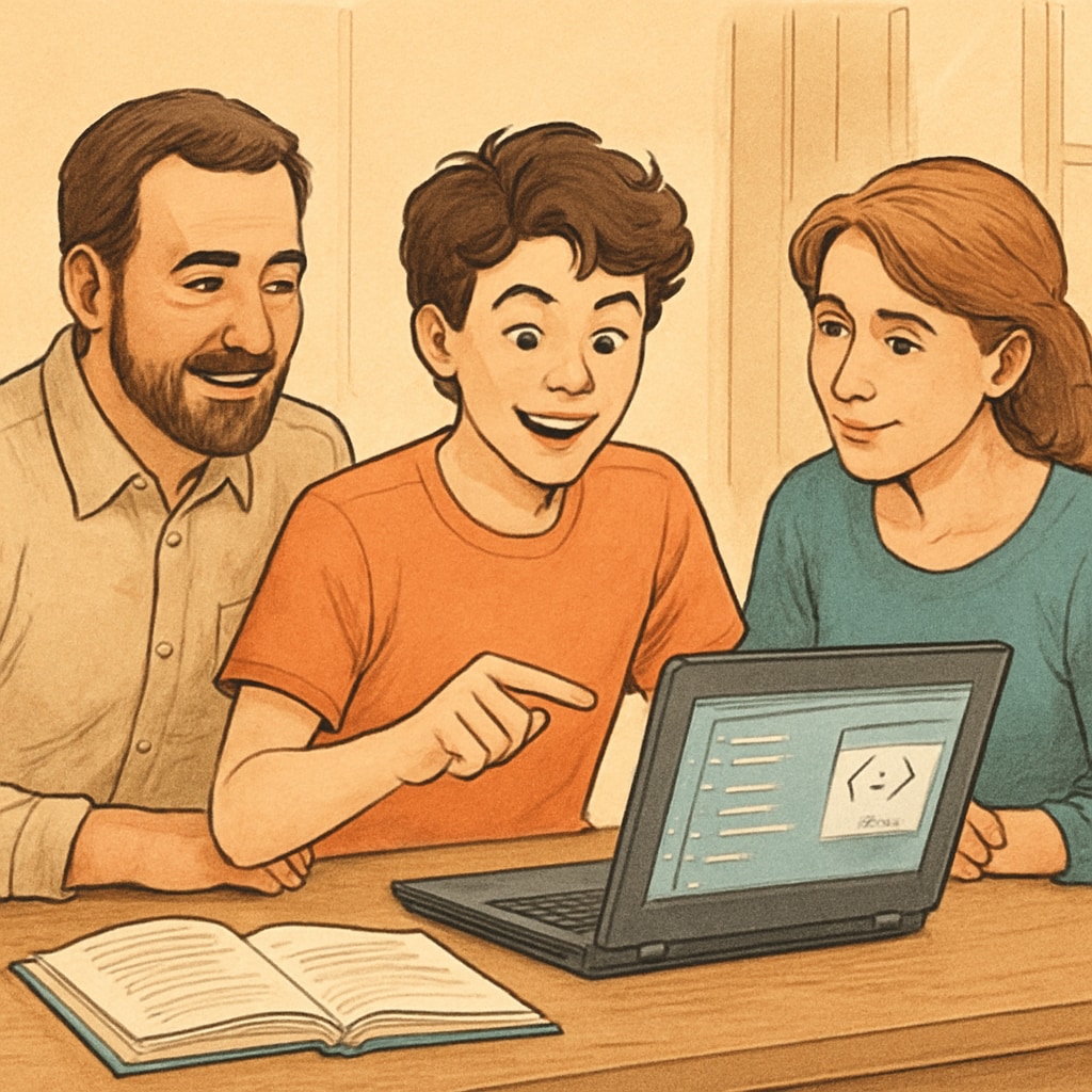 A family sitting together at a table, with the teen showing their parents a coding project. Family supporting a teen’s interest in coding, illustrating family support in education.