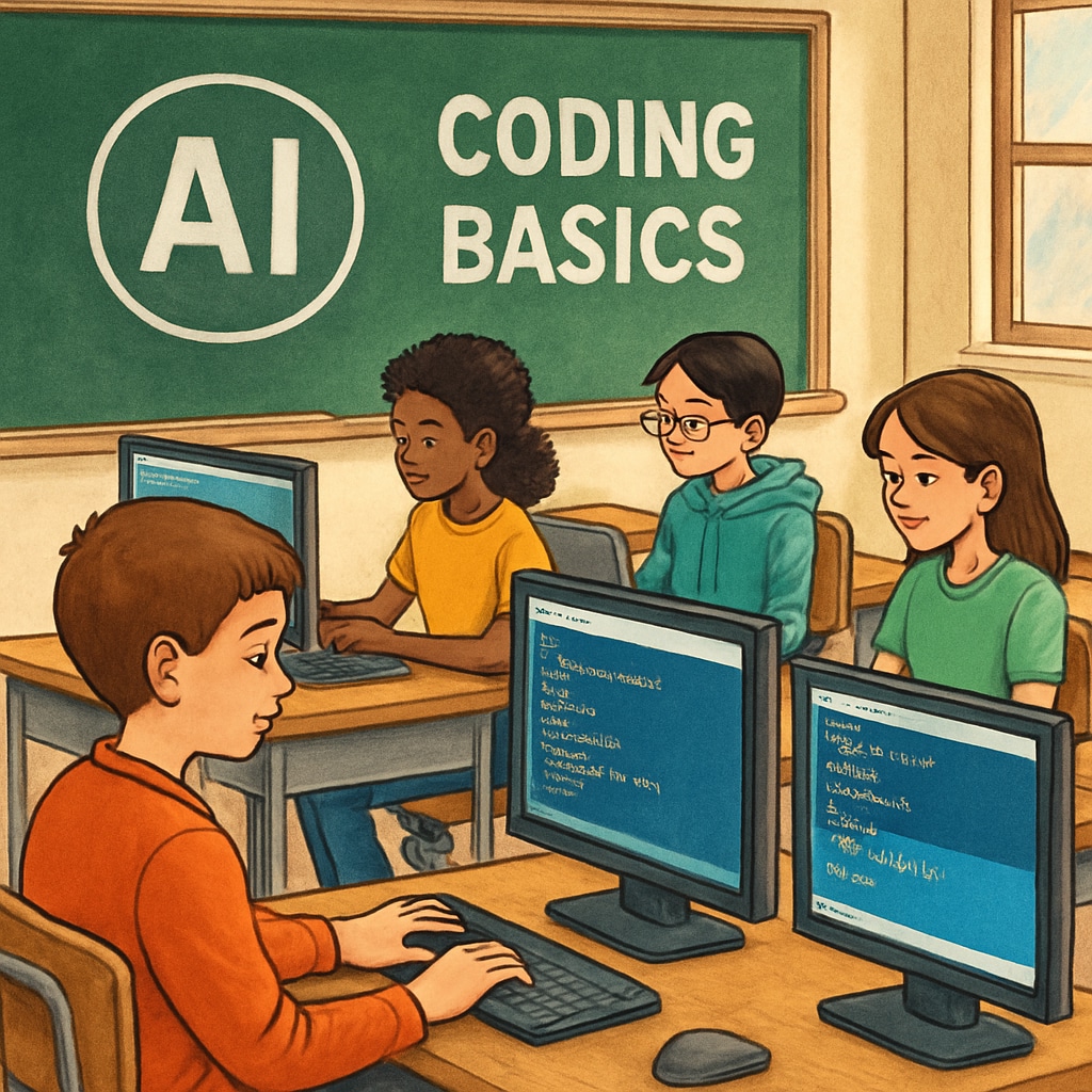 A group of students learning coding basics on computers, symbolizing programming education in the AI era. Students learning programming, AI career guidance for youth