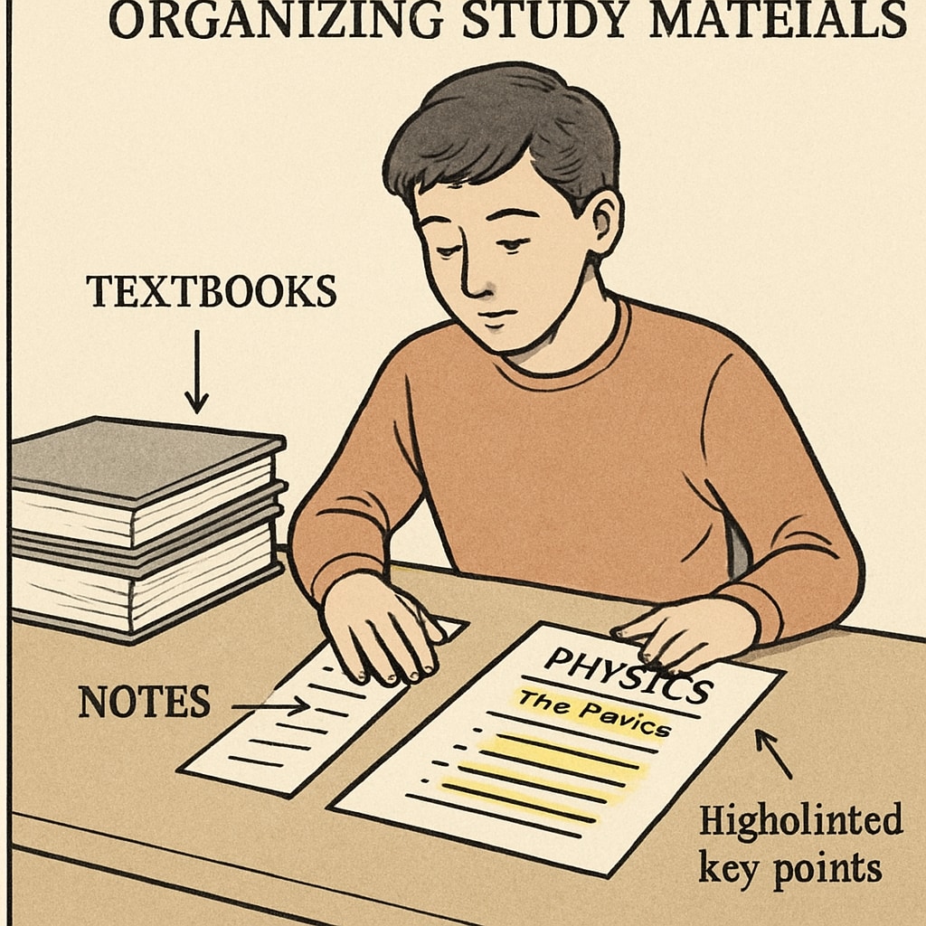A student organizing their study materials, including textbooks and notes, to prioritize important topics in physics. A student prioritizing BSc Physics backlogs study materials for efficient exam preparation.
