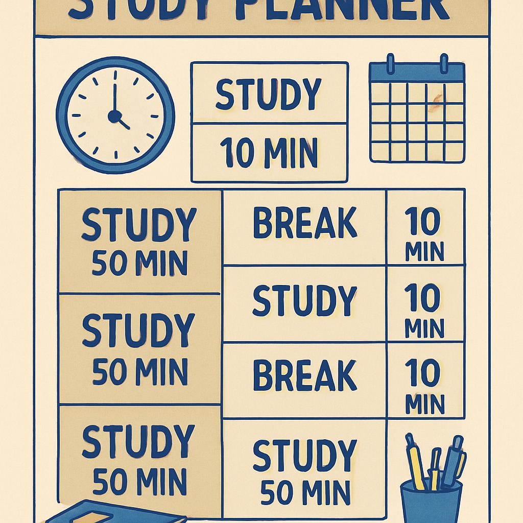 A detailed study planner with time blocks for focused study sessions and short breaks for efficient time management. A study planner designed to manage time while preparing for BSc Physics backlogs.