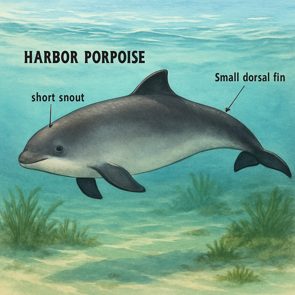 A high-resolution image of a harbor porpoise swimming in shallow waters, showcasing its distinctive short snout and small dorsal fin. Harbor porpoise in shallow waters illustrating its unique features.