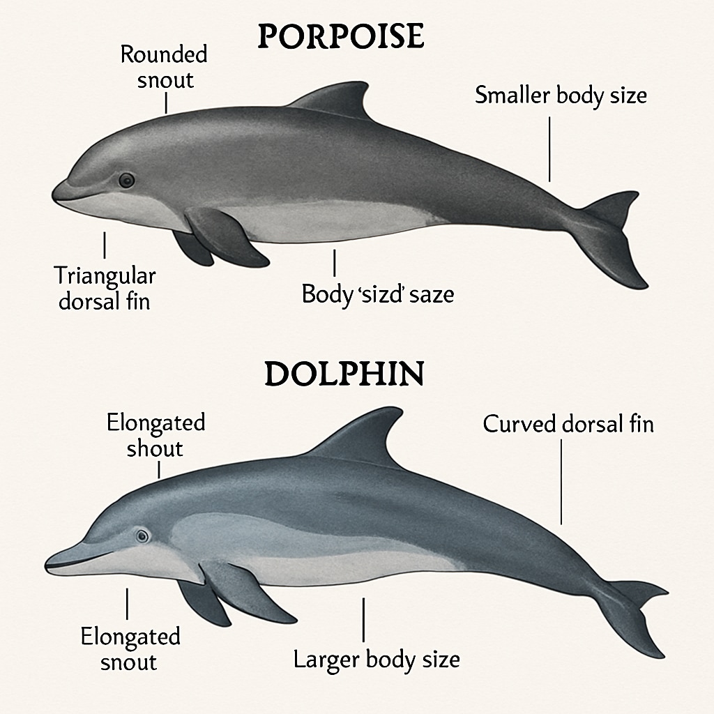 A detailed illustration comparing the physical features of porpoises and dolphins, labeled to highlight the differences in snout shape, dorsal fins, and body size. Comparison of physical traits between porpoises and dolphins.