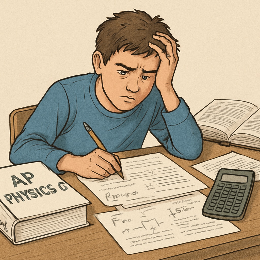 A frustrated high school student reviewing their AP Physics C coursework, representing academic challenges. High school student reviewing AP Physics C coursework, highlighting grade appeal struggles.