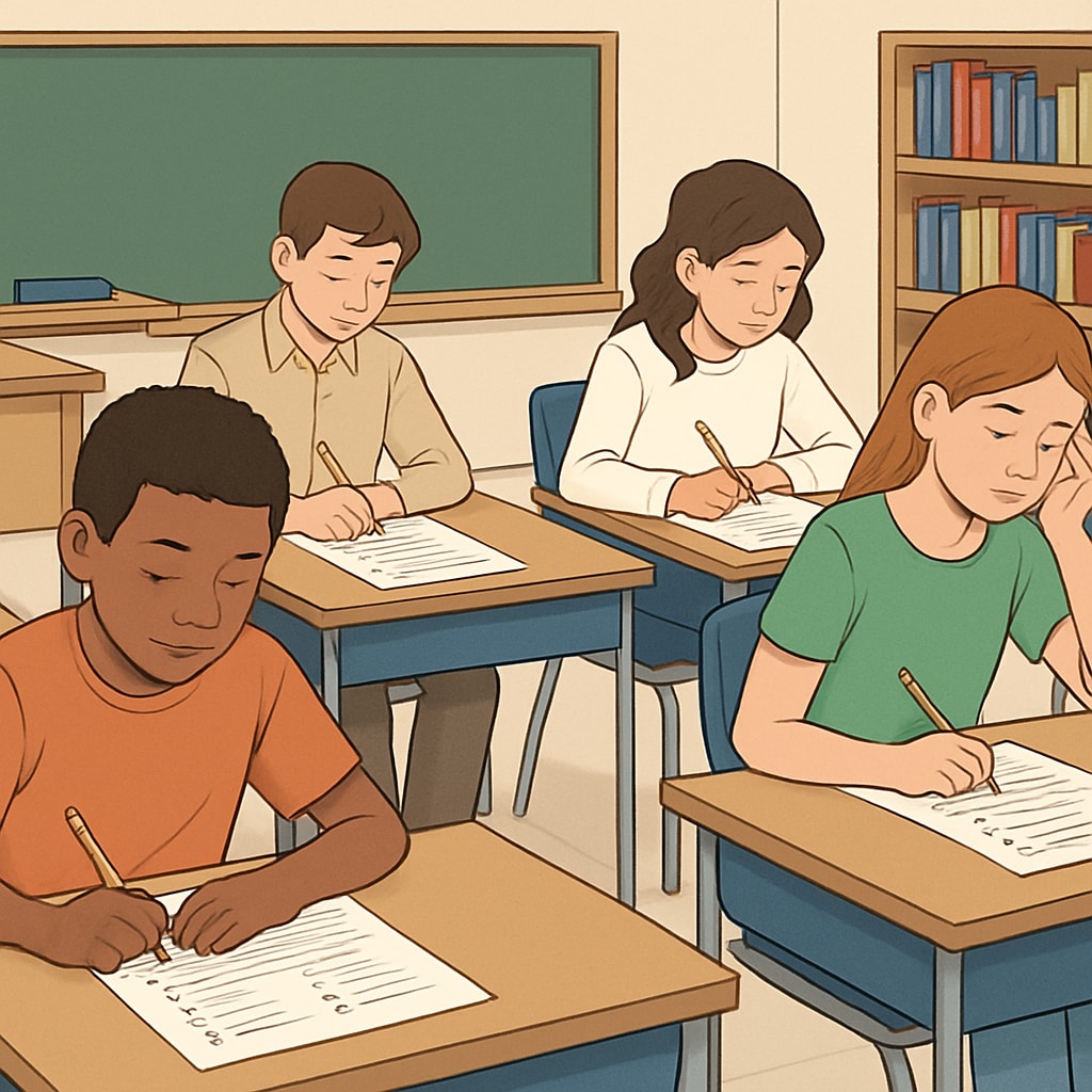 An image of students sitting in a classroom setting, engaged in a reading comprehension exam, with test papers visible on their desks. Functional Skills English reading exam in progress