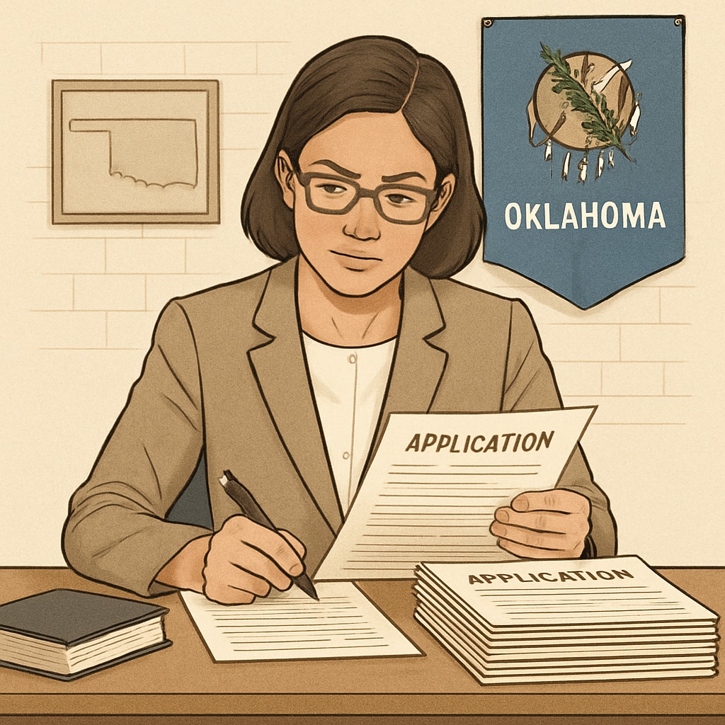 An image of a teacher reviewing applications, symbolizing the evaluation process in Oklahoma’s political stance screening for educators. Teacher reviewing applications for political stance screening in education.