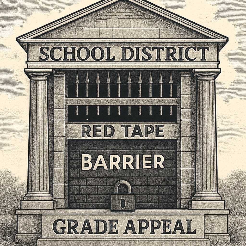 A school district office building, symbolizing the systemic barriers students face in grade appeals. School district office representing bureaucratic obstacles in grade appeals.