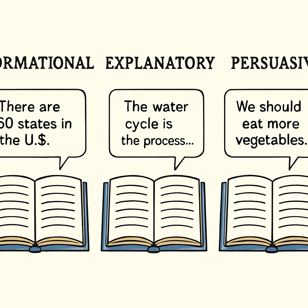 A graphic illustrating three categories of text purposes: informational, explanatory, and persuasive, with examples for each. Breakdown of text purposes for Functional Skills English reading
