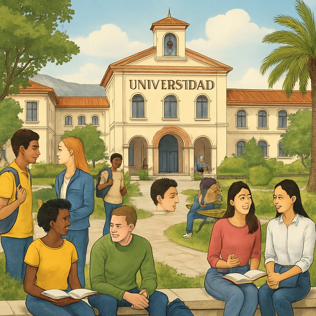 A vibrant university campus in Spain filled with international students interacting and enjoying the scenic environment. Spanish university campus showing international students discussing academic projects.
