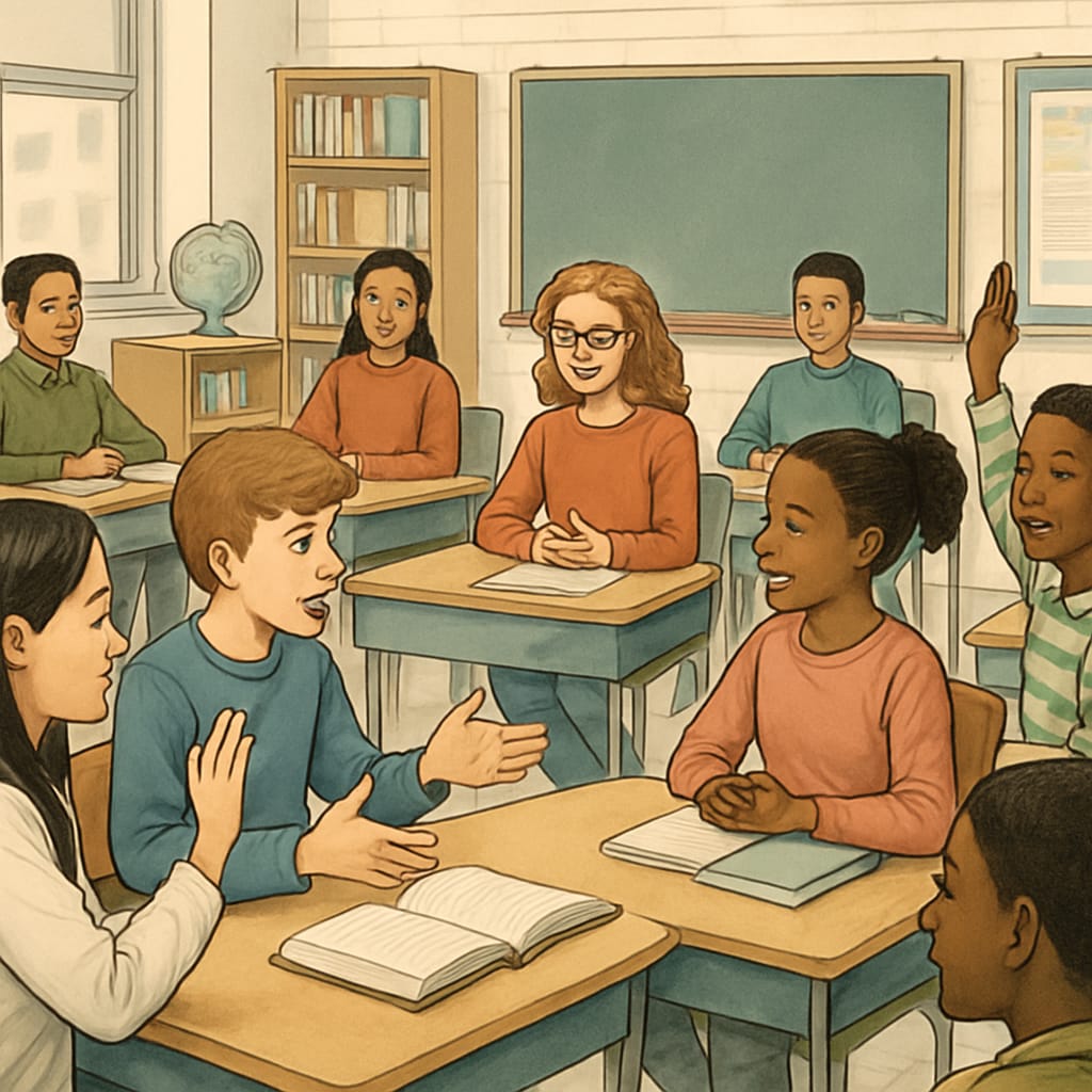 A classroom with diverse students actively engaged in discussion, representing the value of inclusive and unbiased education. Inclusive classroom discussing diverse perspectives in education.