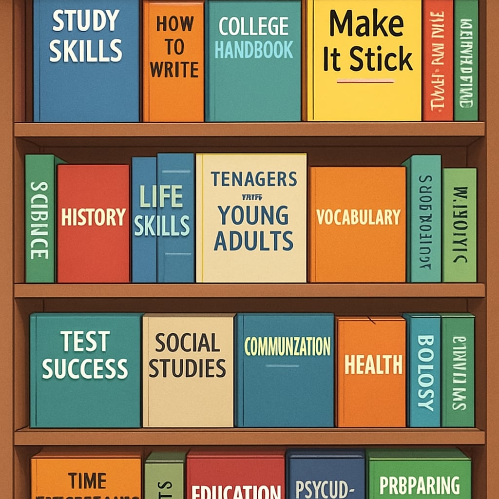 A bookshelf filled with educational books, including Bookshelf with educational books related to learning methods and memory improvement.