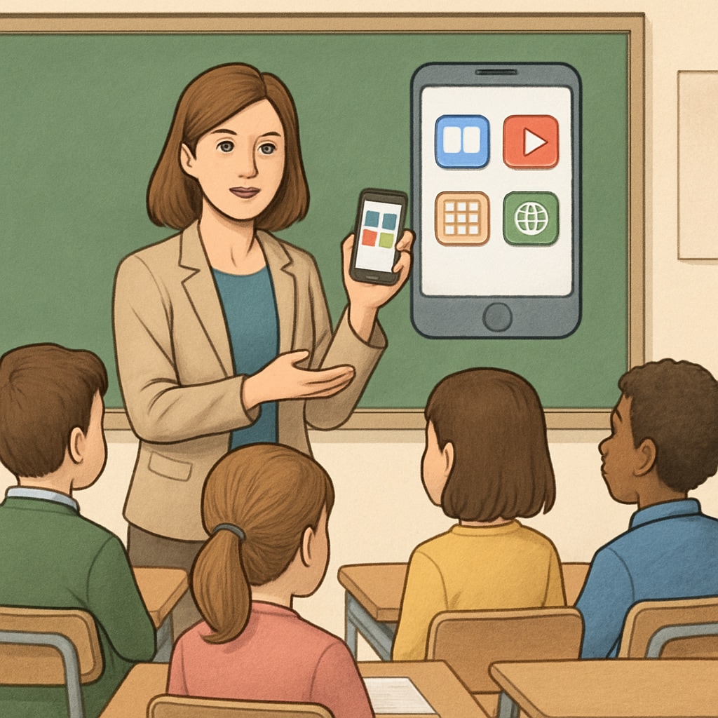A teacher demonstrating the use of educational apps on smartphones, showing balanced phone use in schools.
