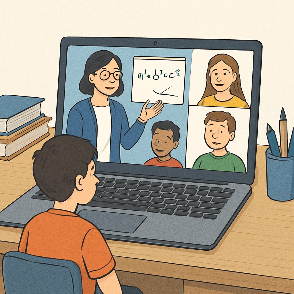 Students engaging in a virtual class session on a laptop, representing online education opportunities. Online education represented by students attending a virtual class session.