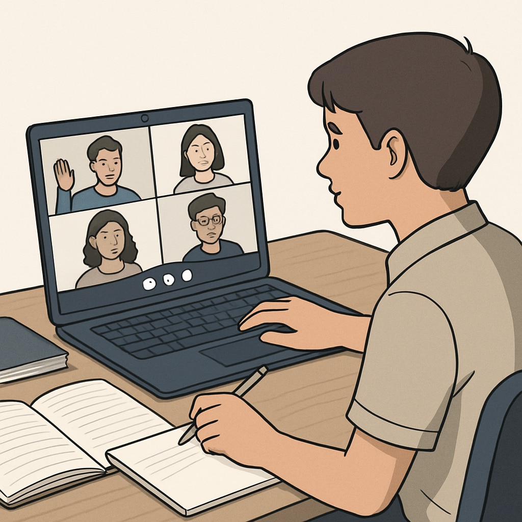 A student participating in a video conference with classmates, illustrating collaboration in online education. Collaboration in online education demonstrated by a student engaging in a video conference.