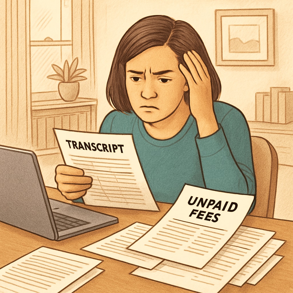 A frustrated parent reviewing school documents at home, symbolizing the struggle of obtaining transcripts with unpaid school fees. Parent struggling with unpaid school fees while reviewing transcripts.