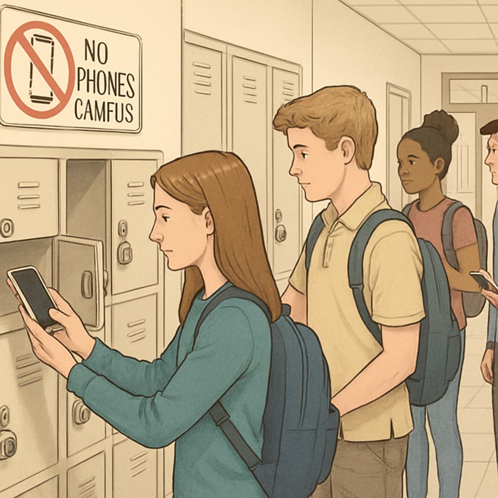 Students placing phones into lockers as part of a campus phone ban policy.