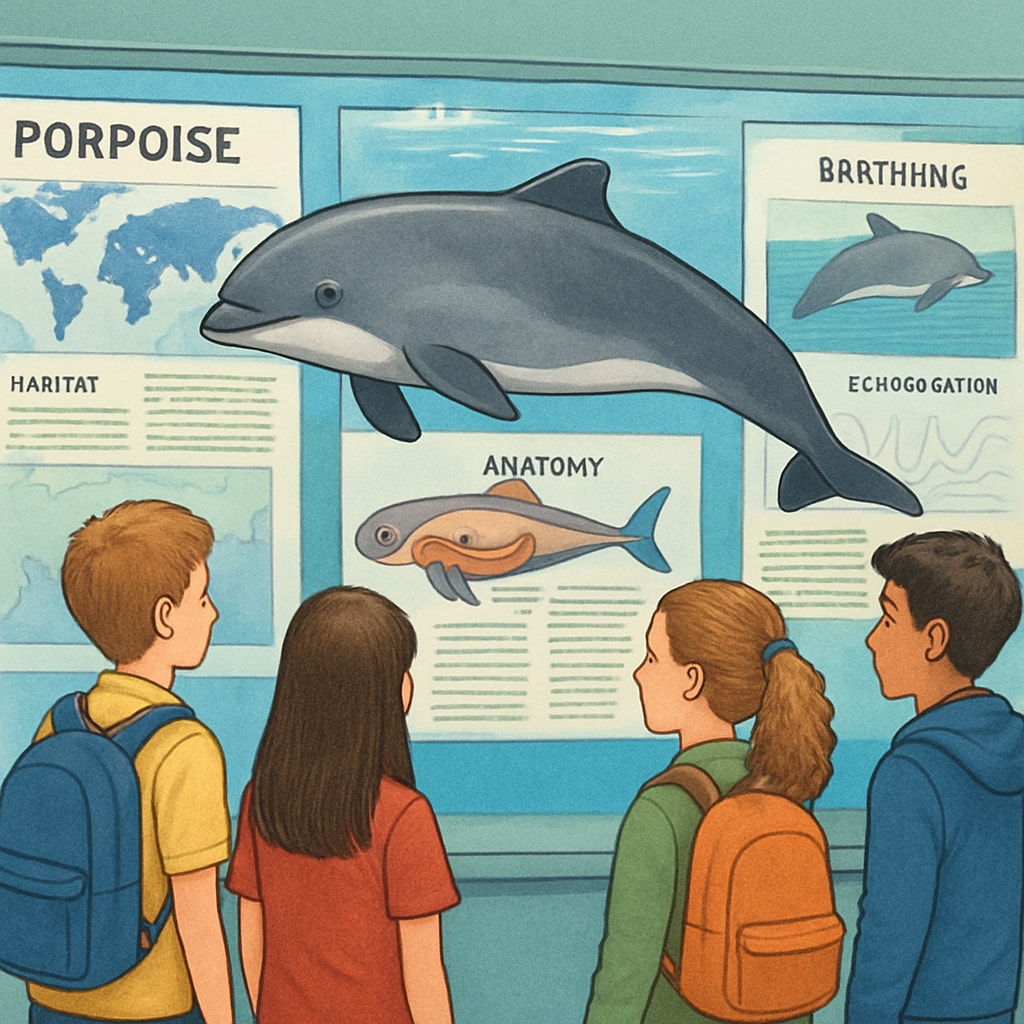Students learning about porpoises at an aquarium exhibit.