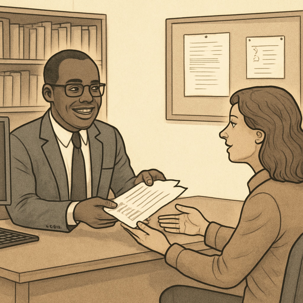 A school administrator handing over documents to a parent, illustrating negotiation of transcript access despite unpaid balances. Parent negotiating transcript release with school administrator over unpaid fees.