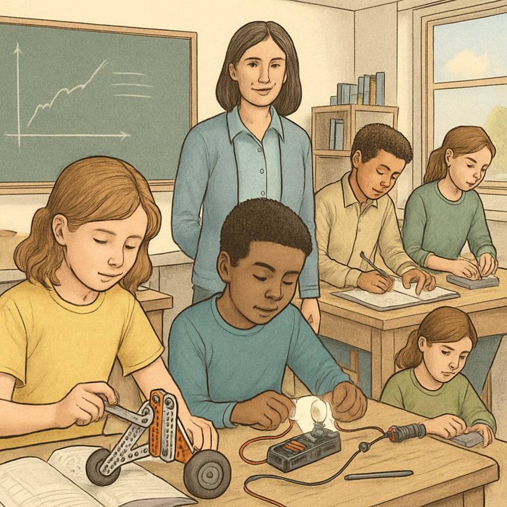 A classroom with students engaged in practical learning activities, symbolizing the integration of academic theory and job skills. Students engaging in hands-on learning, demonstrating the value of combining academics with practical skills.