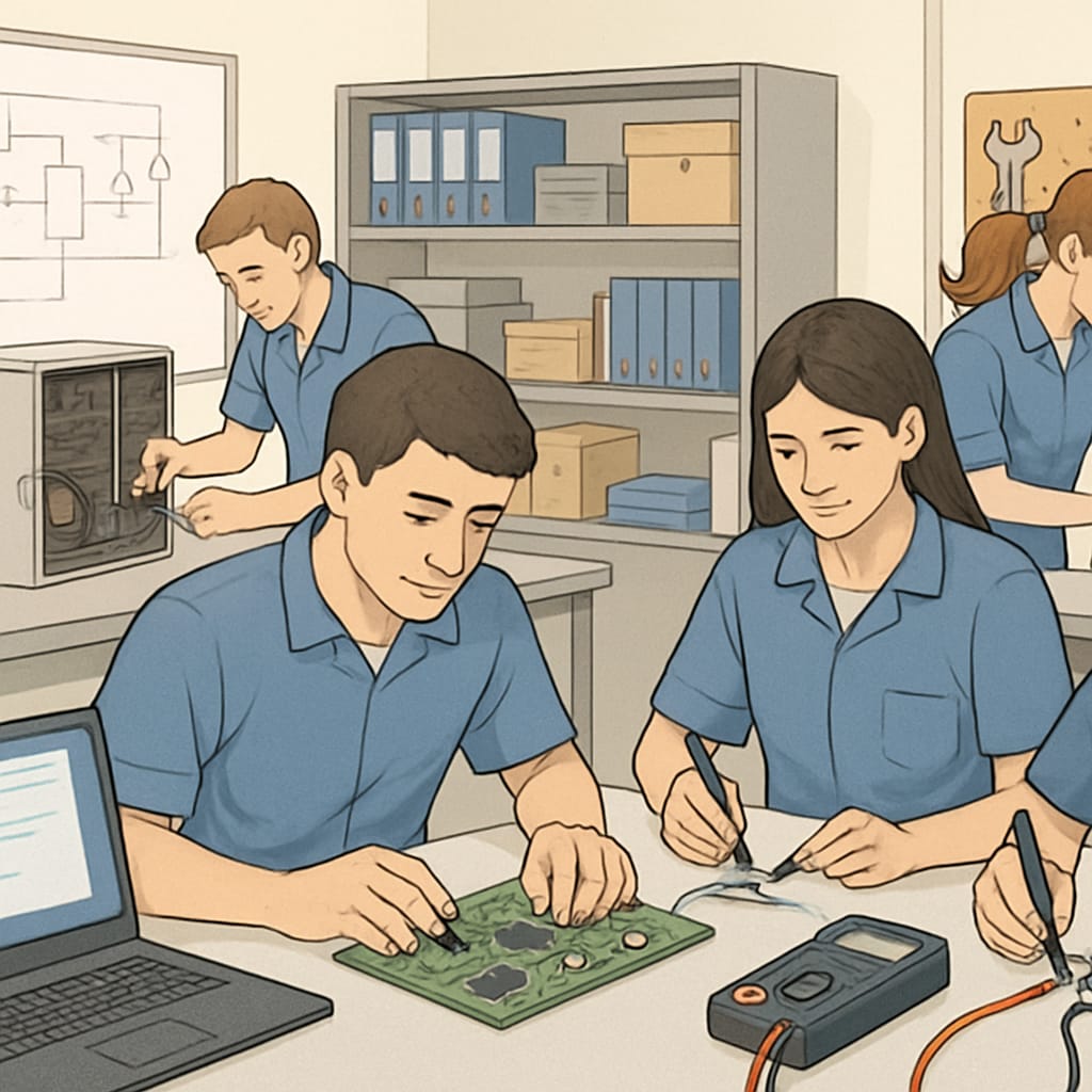 A vocational training center where students are gaining hands-on experience in technology-related fields. Students participating in vocational training, reflecting the need for job-specific skills in education.
