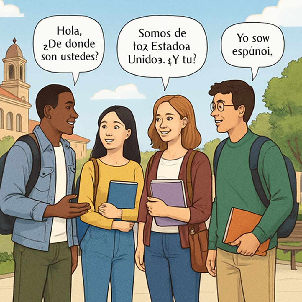 A group of international students conversing in Spanish at a university campus in Spain. Students practicing Spanish conversation at a Spanish university campus.