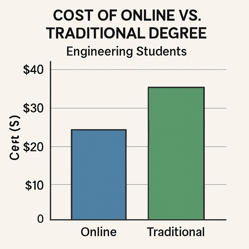 A financial chart comparing the costs of online and traditional degrees for engineering students. Comparison of online and traditional degree costs for mechanical engineering students.