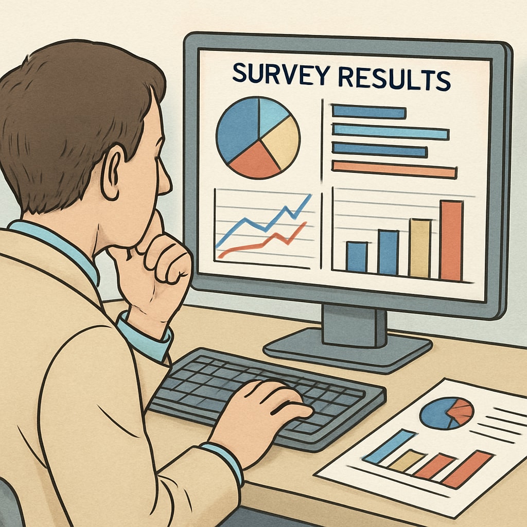 A researcher analyzing data on a computer screen, with visualized charts and graphs illustrating survey results. Researcher studying survey data on learning methods with charts and graphs.