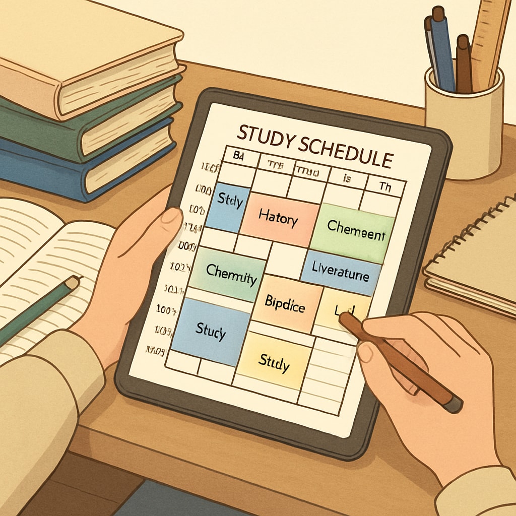 A student organizing their study schedule using a digital planner. Student time management for balancing dual degrees in mechanical engineering.