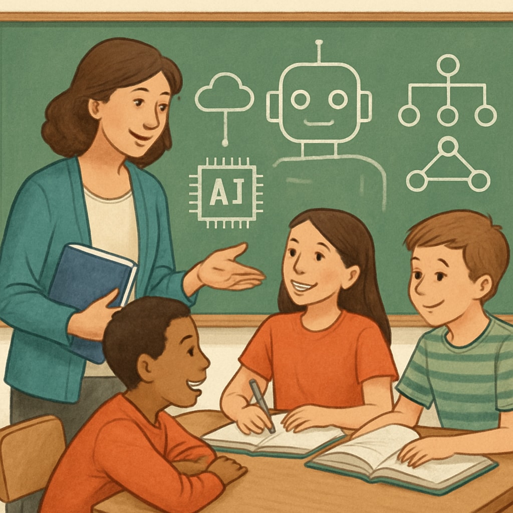A teacher guiding students while AI technology assists in the background, symbolizing collaboration between educators and technology. Teacher working alongside AI-powered tools in a classroom, highlighting collaboration.