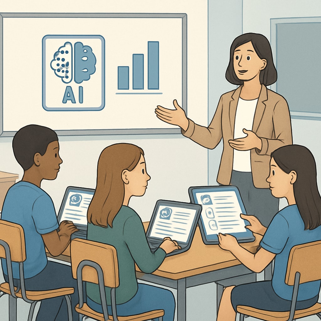 A modern classroom where students interact with AI-powered platforms while the teacher facilitates collaborative discussions. AI education tools in a classroom with students and teachers.