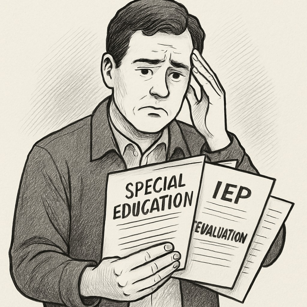 A concerned parent holding educational documents, symbolizing the stress of navigating the special education system. Parent with documents related to special education needs and school applications.