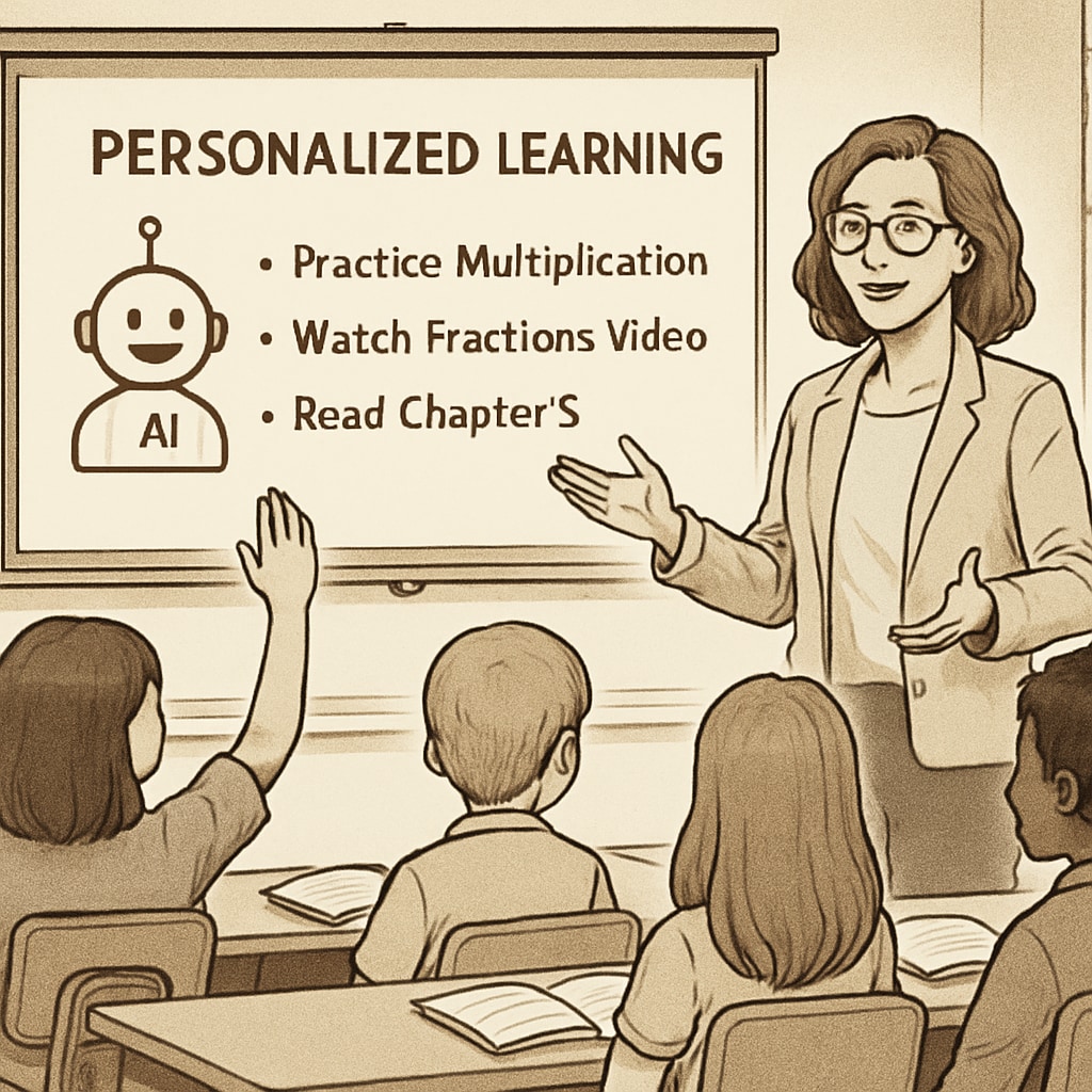 A classroom setting showing a teacher interacting with students while an AI-powered digital assistant projects personalized learning recommendations. Classroom where teacher and AI collaborate on personalized learning.