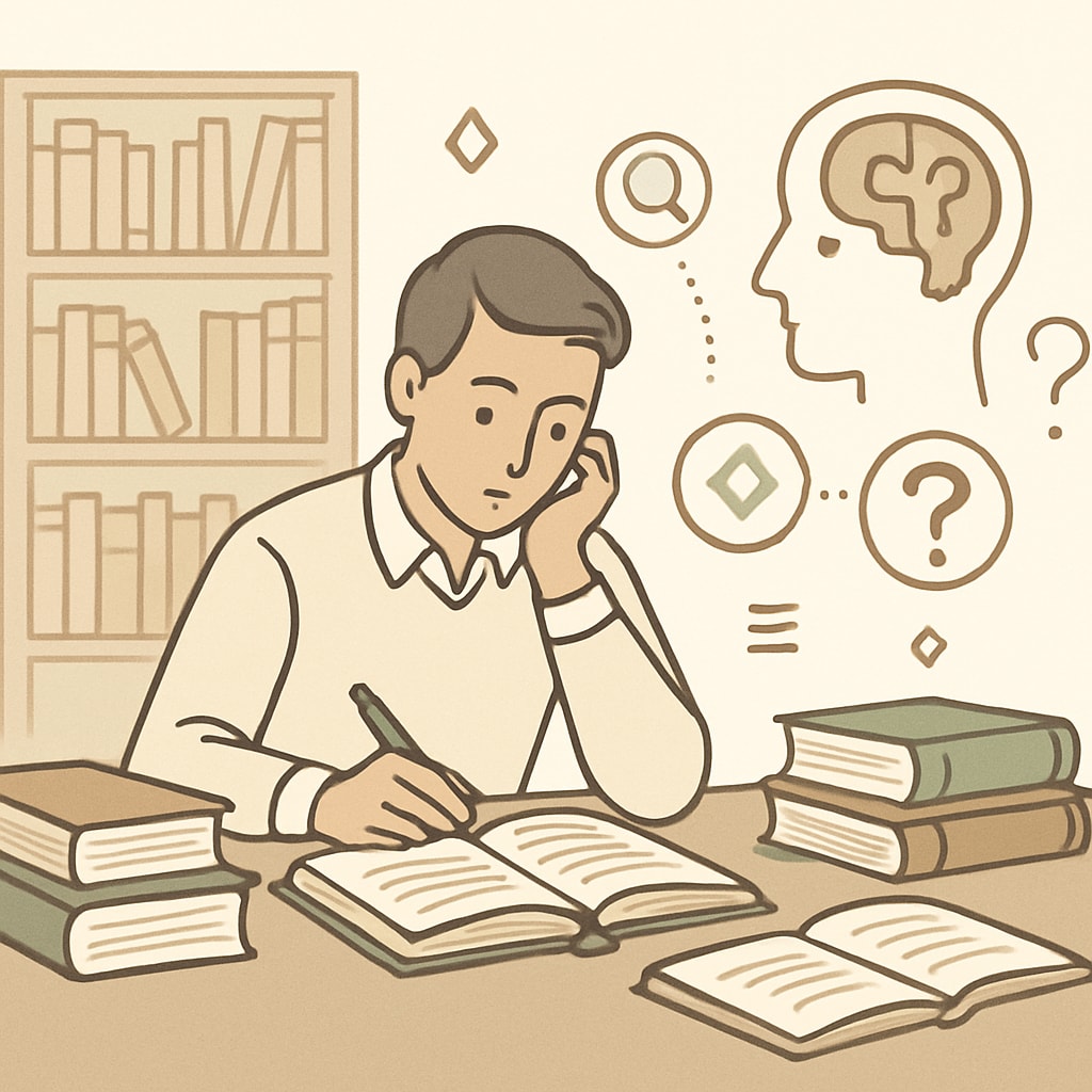 A student in a library, surrounded by books, engaged in research to develop critical thinking skills. Student researching in a library to enhance critical thinking skills.
